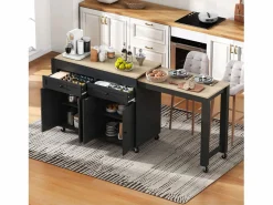 Isla de cocina móvil negra - Carrito de cocina con 4 puertas y 2 cajones - tablero de madera extensible y especiero^ Online