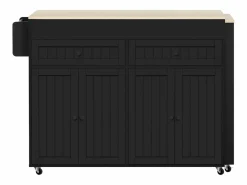 Isla de cocina móvil negra - Carrito de cocina con 4 puertas y 2 cajones - tablero de madera extensible y especiero^ Online