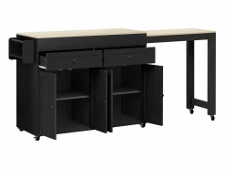 Isla de cocina móvil negra - Carrito de cocina con 4 puertas y 2 cajones - tablero de madera extensible y especiero^ Online