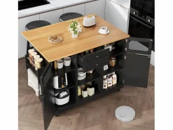 Isla de cocina negra - Carrito de cocina con 2 cajones y 4 puertas - Especiero y toallero^ New