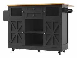 Isla de cocina negra - Carrito de cocina con 2 cajones y 4 puertas - Especiero y toallero^ New