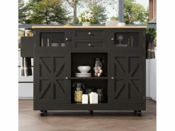 Isla de cocina negra - Carrito de cocina con 2 cajones y 4 puertas - Especiero y toallero^ New