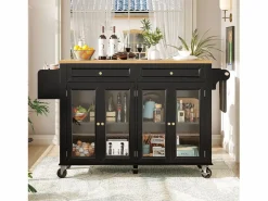 Isla de cocina negra - Carrito de cocina con 2 cajones y 4 puertas de cristal - especiero y toallero Negro Discount