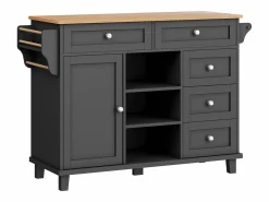 Isla de cocina negra con 5 cajones - Carrito de cocina de 1 puerta con 3 compartimentos abiertos - Especiero y toallero^ Discount
