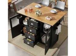 Isla de cocina negra, isla de cocina móvil con 2 puertas y 4 cajones, encimera abatible - tiradores plateados^OKWISH Outlet