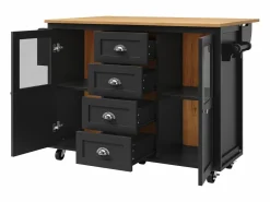 Isla de cocina negra, isla de cocina móvil con 2 puertas y 4 cajones, encimera abatible - tiradores plateados^OKWISH Outlet