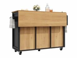 Isla de cocina negra, isla de cocina móvil con 2 puertas y 4 cajones, encimera abatible - tiradores plateados^OKWISH Outlet