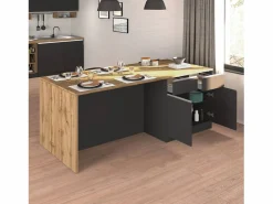 Isla Cocina|Isla de cocina Sole con 4 puertas y 4 cajones, color antracita mate/roble, 200 x 90 x 90 cm