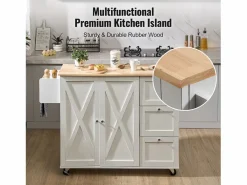 Isla de Cocina, SucceBuy Carrito de Cocina de 115 cm con Ruedas, Armario de Almacenamiento con Cajón y Estante Blanco Best