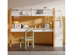 it litera 90 x 200, altillo con escritorio, cama infantil con escalera de almacenamiento, barandilla de seguridad, Blanco Sale
