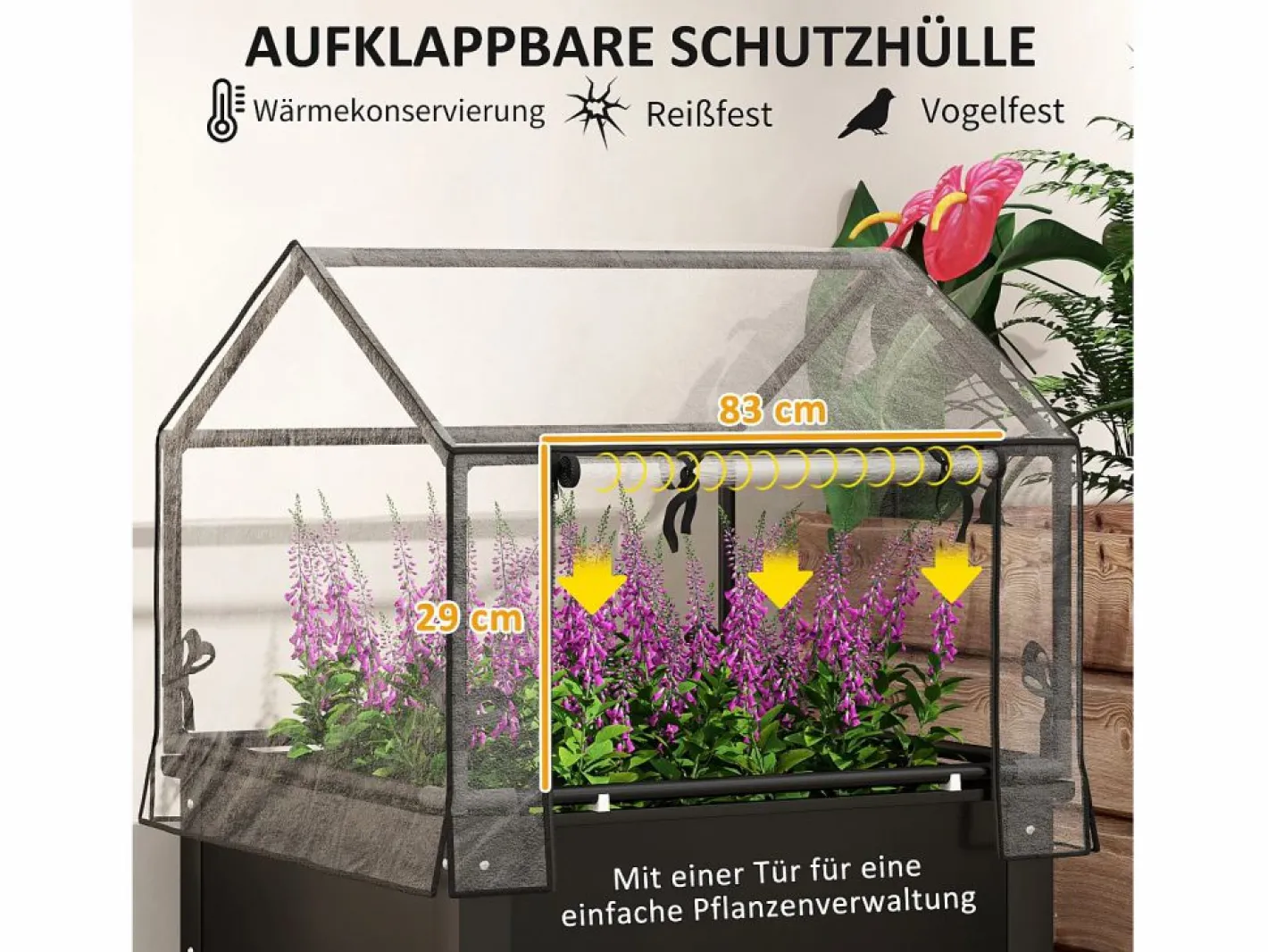 Jardinera elevada con tapa transparente, de metal resistente, color (60 x 60 x 120 cm) Negro Clearance