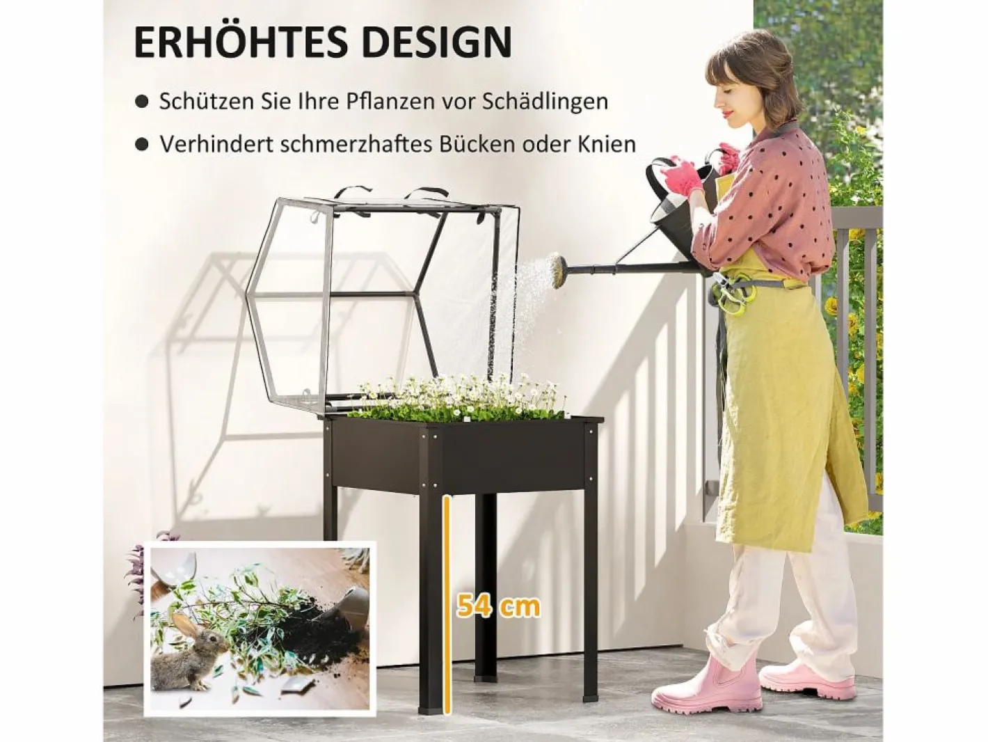 Jardinera elevada con tapa transparente, de metal resistente, color (60 x 60 x 120 cm) Negro Clearance