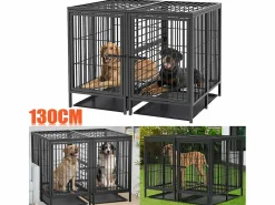 Fativo Jaula para perros con 3 puertas interiores, gran transportín XXL con bandeja extraíble 90x62x68cm Negro Outlet