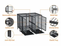 Fativo Jaula para perros con 3 puertas interiores, gran transportín XXL con bandeja extraíble 90x62x68cm Negro Outlet