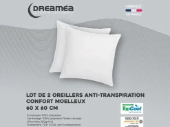 DREAMEA Juego de 2 almohadas anti-transpiración - 550 gr - - 60 x 60 cm - HAELIA Blanco Sale