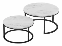 Juego de 2 mesas de centro nido: mármol y metal negro, mesa auxiliar redonda moderna para sala de estar y dormitorio.^ Clearance