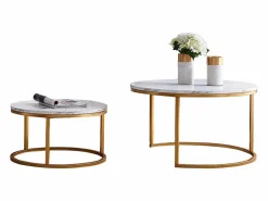 Mesa De Centro|Juego de 2 mesas de centro nido modernas de mármol y metal dorado para sala de estar y dormitorio.