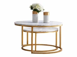 Mesa De Centro|Juego de 2 mesas de centro nido modernas de mármol y metal dorado para sala de estar y dormitorio.