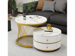 Merax Juego de 2 mesas de centro nido redondas con 2 cajones - 60x60x46cm + 50x50x30,8cm - Motivo mármol - Madera MDF y metal - Blanco + dorado Blanco / Dorado Outlet