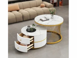 Merax Juego de 2 mesas de centro nido redondas con 2 cajones - 60x60x46cm + 50x50x30,8cm - Motivo mármol - Madera MDF y metal - Blanco + dorado Blanco / Dorado Outlet