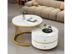 Merax Juego de 2 mesas de centro nido redondas con 2 cajones - 60x60x46cm + 50x50x30,8cm - Motivo mármol - Madera MDF y metal - Blanco + dorado Blanco / Dorado Outlet
