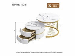 Merax Juego de 2 mesas de centro nido redondas con 2 cajones - 60x60x46cm + 50x50x30,8cm - Motivo mármol - Madera MDF y metal - Blanco + dorado Blanco / Dorado Outlet