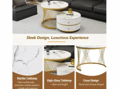 Merax Juego de 2 mesas de centro nido redondas con 2 cajones - 60x60x46cm + 50x50x30,8cm - Motivo mármol - Madera MDF y metal - Blanco + dorado Blanco / Dorado Outlet
