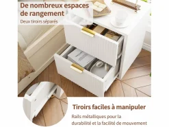 Juego de 2 mesitas de noche, mesitas auxiliares con 2 cajones, mesita de noche moderna blanca con patas doradas, color^ Online