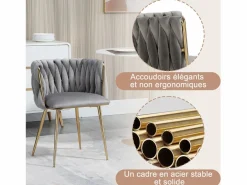 Sillas Y Lotes De Sillas|Juego de 2 Sillas con Respaldo de Concha y Bastidor Trenzado, Patas Doradas - Gris - Elegancia Bohemia