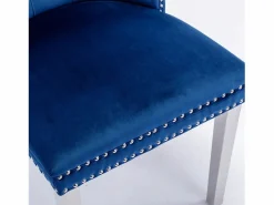 Juego de 2 sillas de comedor - Sillas con respaldo acolchado y patas de acero inoxidable plateadas - con ribete tachonado - terciopelo azul Azul / Plateado