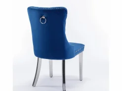 Juego de 2 sillas de comedor - Sillas con respaldo acolchado y patas de acero inoxidable plateadas - con ribete tachonado - terciopelo azul Azul / Plateado