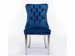 Juego de 2 sillas de comedor - Sillas con respaldo acolchado y patas de acero inoxidable plateadas - con ribete tachonado - terciopelo azul Azul / Plateado