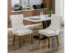 Sillas Y Lotes De Sillas|Juego de 2 sillas de comedor - Sillas con respaldo acolchado y patas de acero inoxidable dorado - con ribete tachonado - terciopelo beige