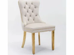 Sillas Y Lotes De Sillas|Juego de 2 sillas de comedor - Sillas con respaldo acolchado y patas de acero inoxidable dorado - con ribete tachonado - terciopelo beige