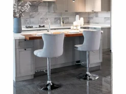Hauss Spole Juego de 2 taburetes de bar giratorios en terciopelo - Altura regulable de 63,5 a 84 cm - y plata Gris New