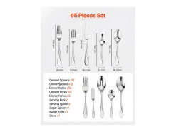 Juego de Cubiertos SucceBuy Juego de Cubiertos de Acero Inoxidable de 65 Piezas, para 12 Personas, para Cocina. New