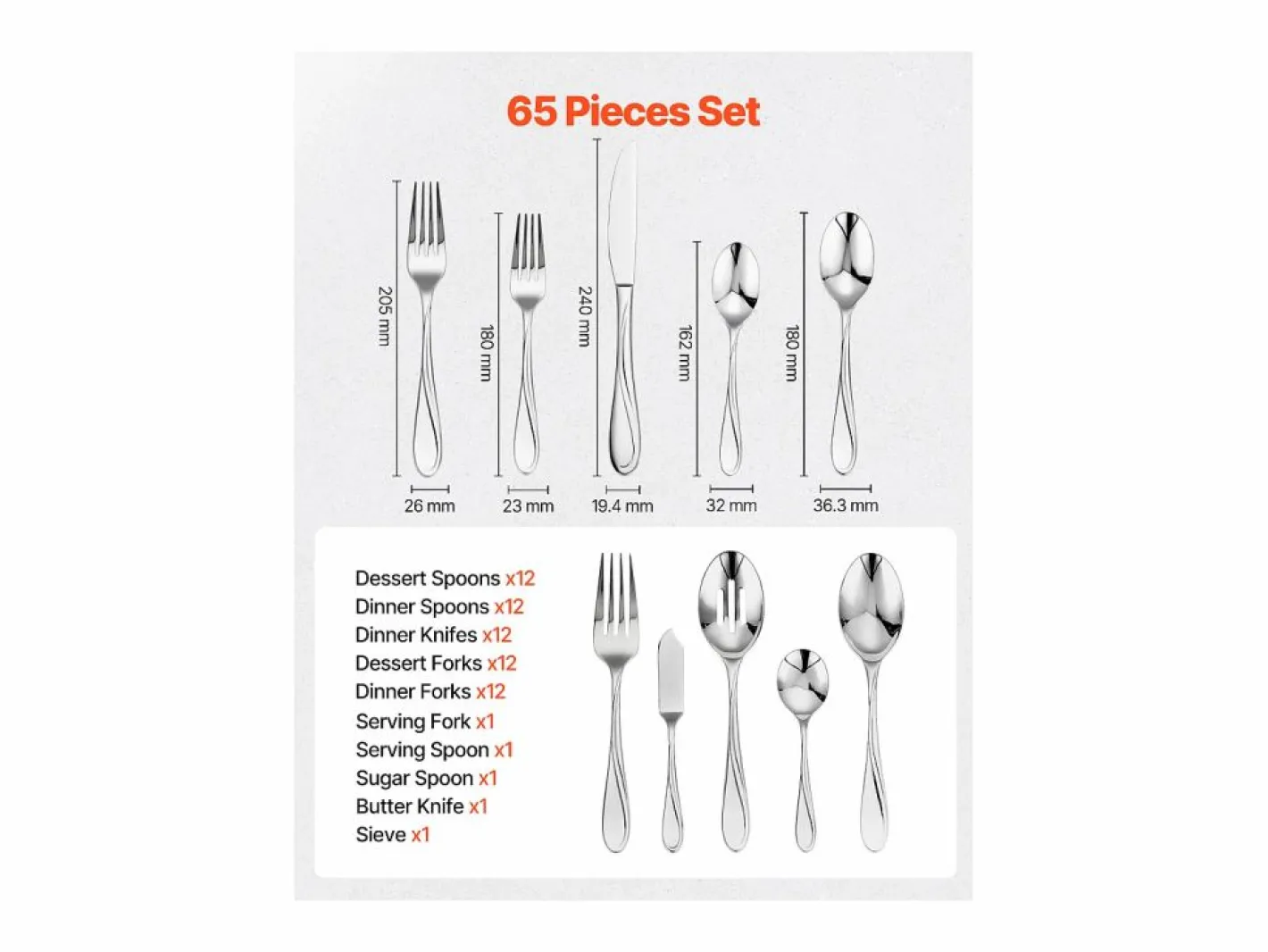 Juego de Cubiertos SucceBuy Juego de Cubiertos de Acero Inoxidable de 65 Piezas, para 12 Personas, para Cocina. New