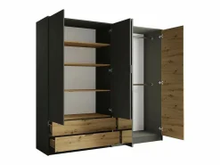 Meublorama Juego de dormitorio completo diseño IZO: Armario, cama 180x200, cómoda, mesitas de noche, roble/ antracita Gris Discount