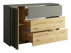 Meublorama Juego de dormitorio completo diseño IZO: Armario, cama 180x200, cómoda, mesitas de noche, roble/ antracita Gris Discount