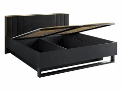 Meublorama Juego de dormitorio MONDO – estructurado y dorado – Cama con almacenaje 160x200 con somier + Armario + Cómoda + 2 mesitas de noche Negro Sale