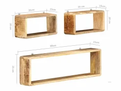 Juego de estantes cubo de pared 3 piezas madera maciza de mango ES861432 Marru00f3n Sale