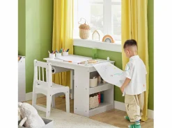 Juego de Mesa y Silla Infantil de Madera Escritorio Infantil con 3 Portalápices KMB60-W ES^Sobuy Best