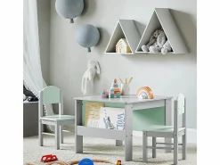Sobuy Escritorio Tradicional|Juego de Mesa y Silla Infantil de Madera Escritorio Infantil con 2 sillas Muebles Infantiles para Niños Verde y Gris KMB88-HG ES