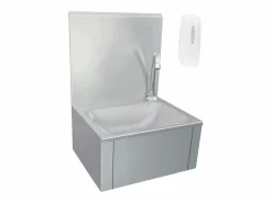 Fregadero|Lavabo de acero inoxidable con grifo y dispensador de jabón.