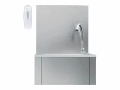 Fregadero|Lavabo de acero inoxidable con grifo y dispensador de jabón.