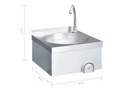 Fregadero|Lavabo de acero inoxidable con grifo y dispensador de jabón.