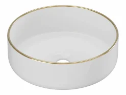 Shower & Design Lavabo|Lavabo de baño redondo, blanco brillante con borde dorado, 36 cm, LENISO