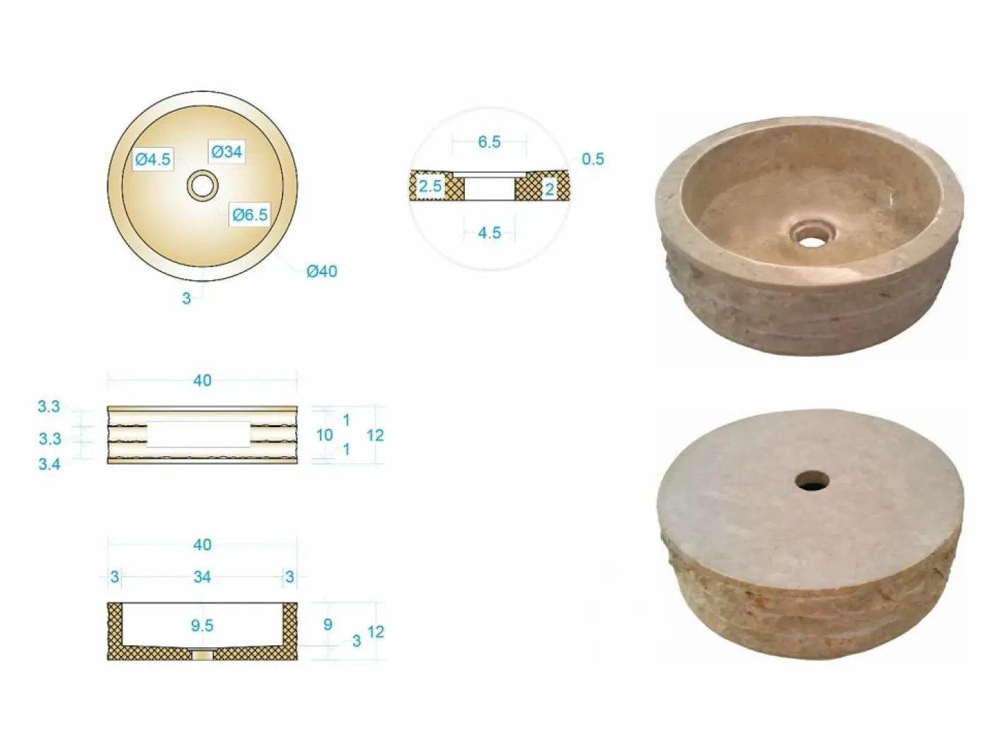 Shower & Design Lavabo de mármol - Color - D40 cm - CIRILA Crema Online