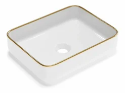 Shower & Design Lavabo|Lavabo rectangular de cerámica - Blanco con borde dorado - 50 x 39 cm - JUNIKO II