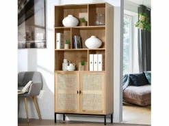 Calicosy Librería|Librería de 6 Compartimentos y 2 Puertas en Ratán Natural H175cm - JAYA